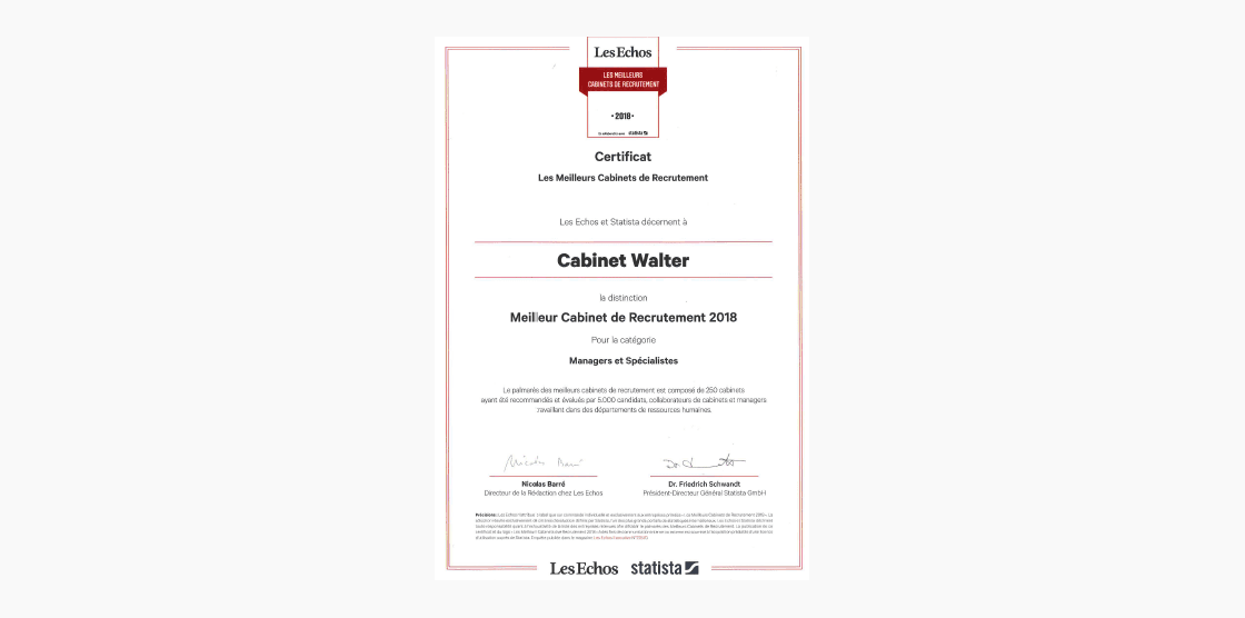 Les Cabinets Walter, élus meilleurs cabinets de recrutement 2018